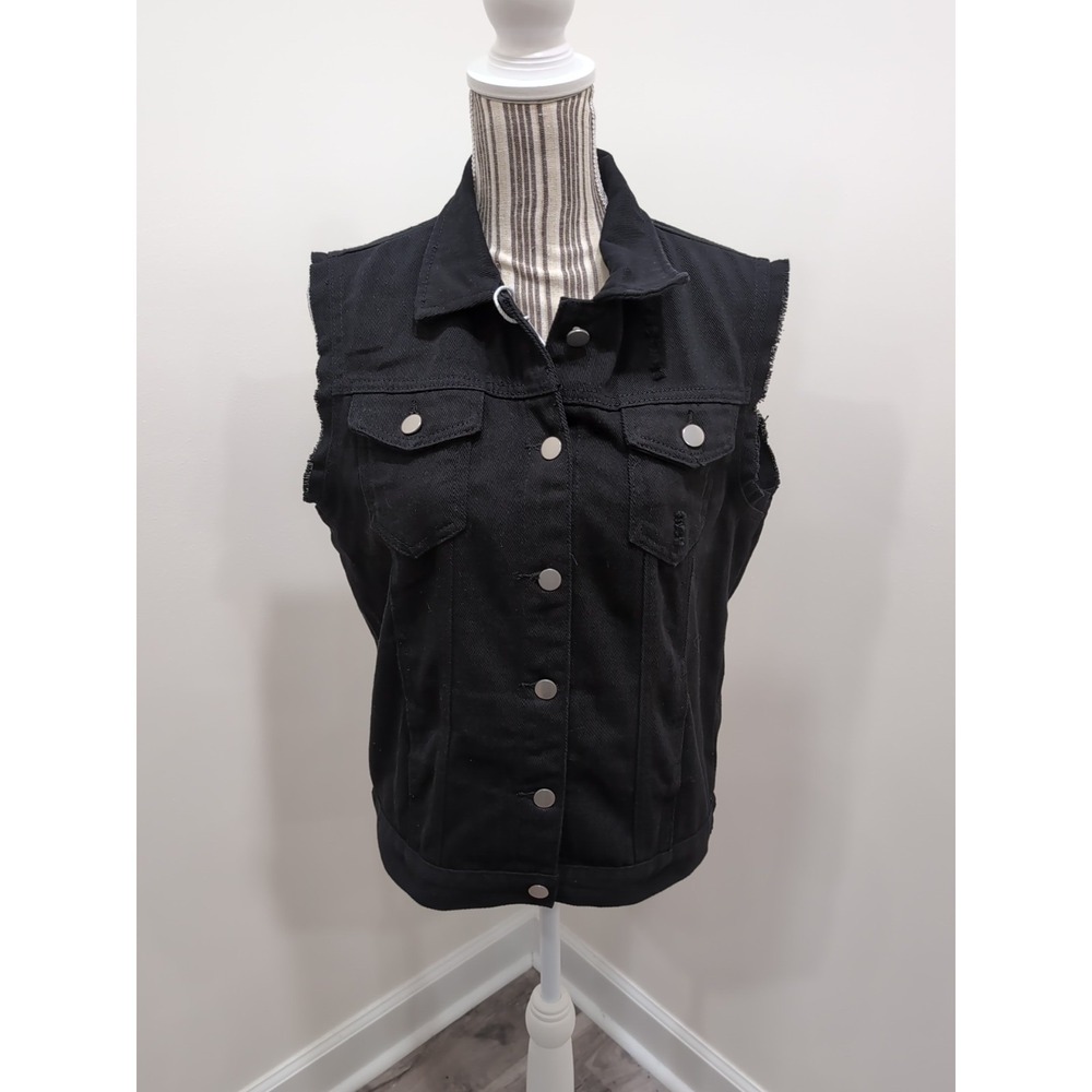 NWT Women's Black Denim Sleeveless‎ Distressed Button Up Vest XL Biker Grunge